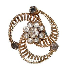 Vtg Barclay Gold Tone Clear and Gray Rhinestone Pinwheel Brooch Floral Art Deco
